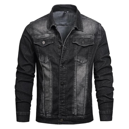 Mens Denim Jacket Vintage Jean Trucker Jacket with Leather Patchwork Multiple Pockets
