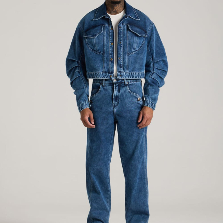 Custom High Street Acid Washed Denim Set for Men Suitable for Autumn Winter Loose Fit Hip-hop Style Denim Suit
