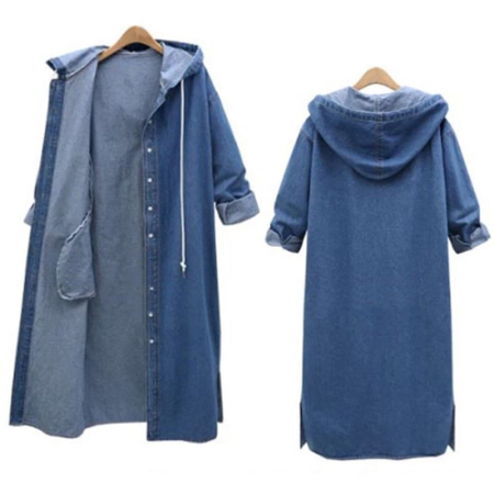 Womens Casual Hooded Denim Jackets Long-Sleeved Long Jean Coat Outwear Overcoat