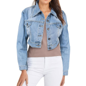 Ladies Women Fashion Cropped Denim Jacket Jean Long Sleeve Jacket Size 8-20